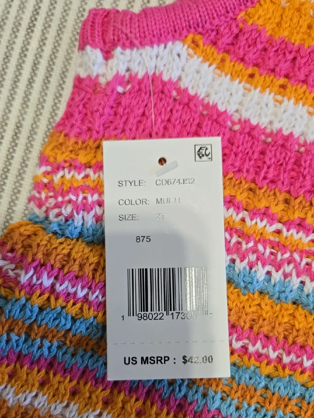 Toddler Girls 2T Striped Knit Tank & Shorts Set — Pink, Orange, White, Blue NWT